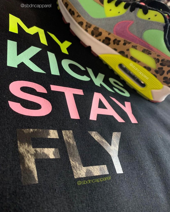 My Kicks Stay Fly™ Tee - Black (Nike Air Max 90) Neon/Seagreen/Pink/Leopard)